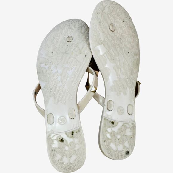 🔥 Beige Nude Gold Studded Bow Jelly Slip On Flip Flop Sandals - Picture 8 of 9